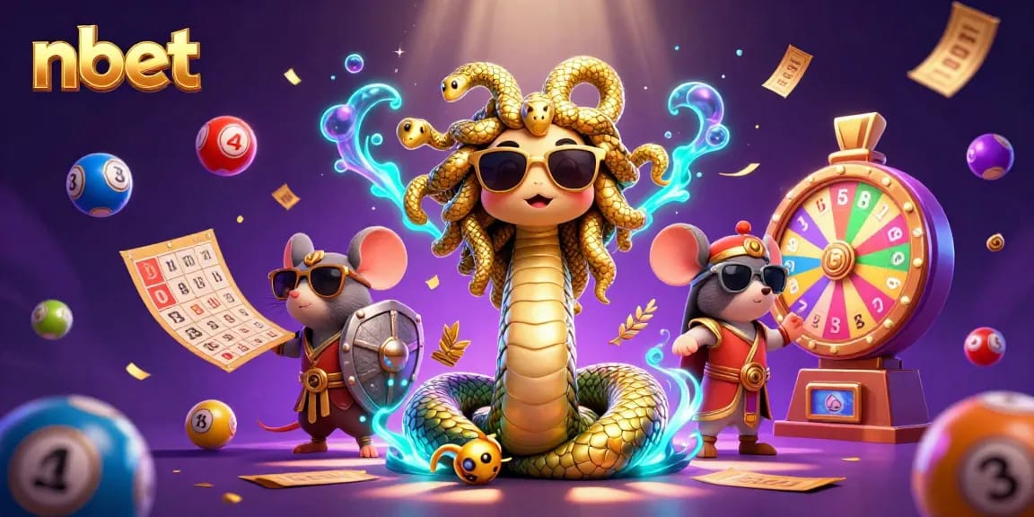 Experience winning with nbet through a captivating Medusa and warrior mouse scene amidst colorful lottery elements.
