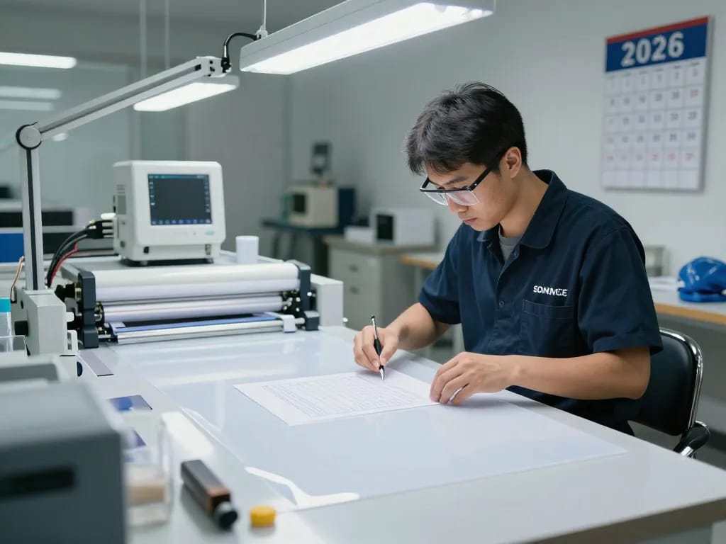 Technician expertly removing bóc plastic from documents in a modern lamination workshop.