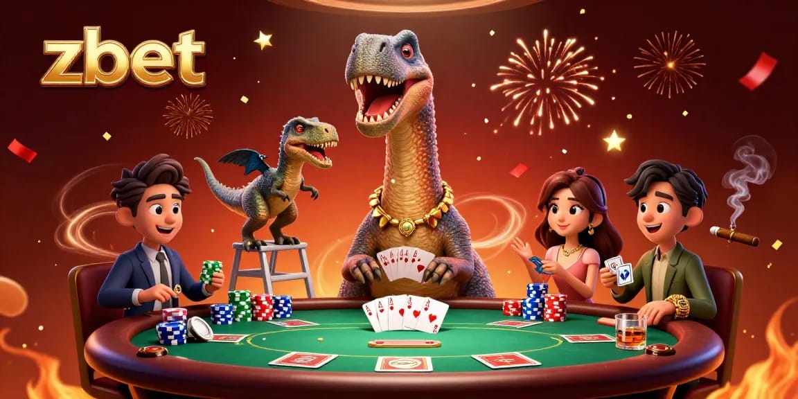 Zbet showcases a lively casino scene with a giant brontosaurus and a clever raptor dealing cards.