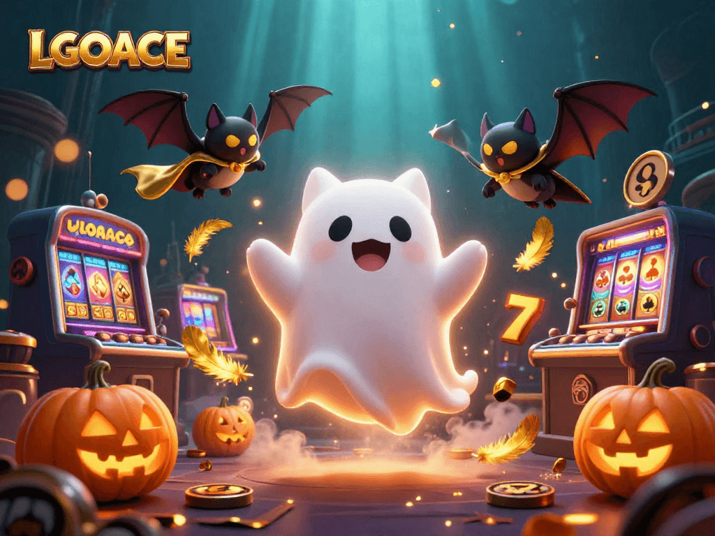 LGOACE showcases a friendly ghost cat in a haunted casino with vibrant slot reels and festive atmosphere.