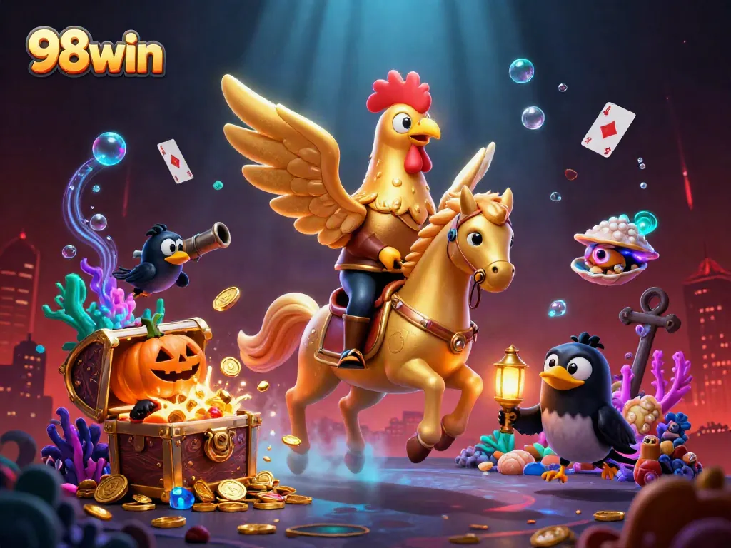 98win showcases an exciting gaming scene with a golden rooster, spectral horse, and treasure elements in a casino.