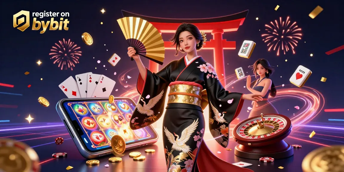 Experience exciting gaming as you register on bybit with an elegant Asian woman showcasing vibrant casino elements.