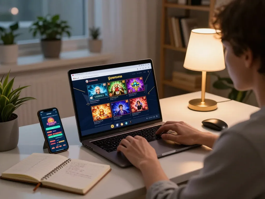 Engaged player using tjcjventures to strategize and enjoy online casino gaming, with laptop and notes.