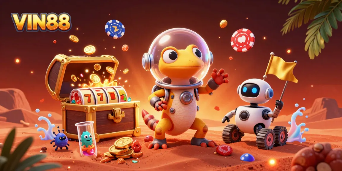 Experience excitement at VIN88 with a Martian gecko celebrating a golden casino discovery.
