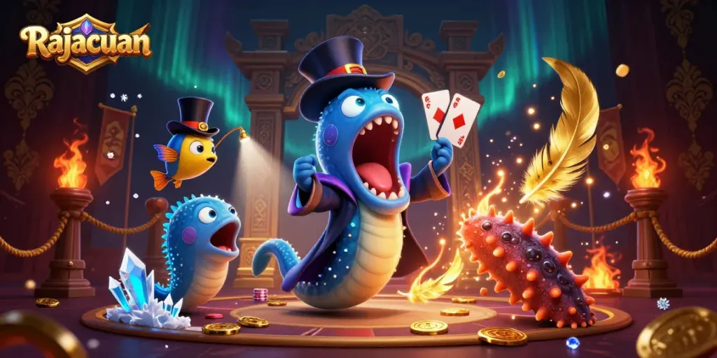 Rajacuan's thrilling underwater magic act featuring playful characters in a vibrant casino atmosphere