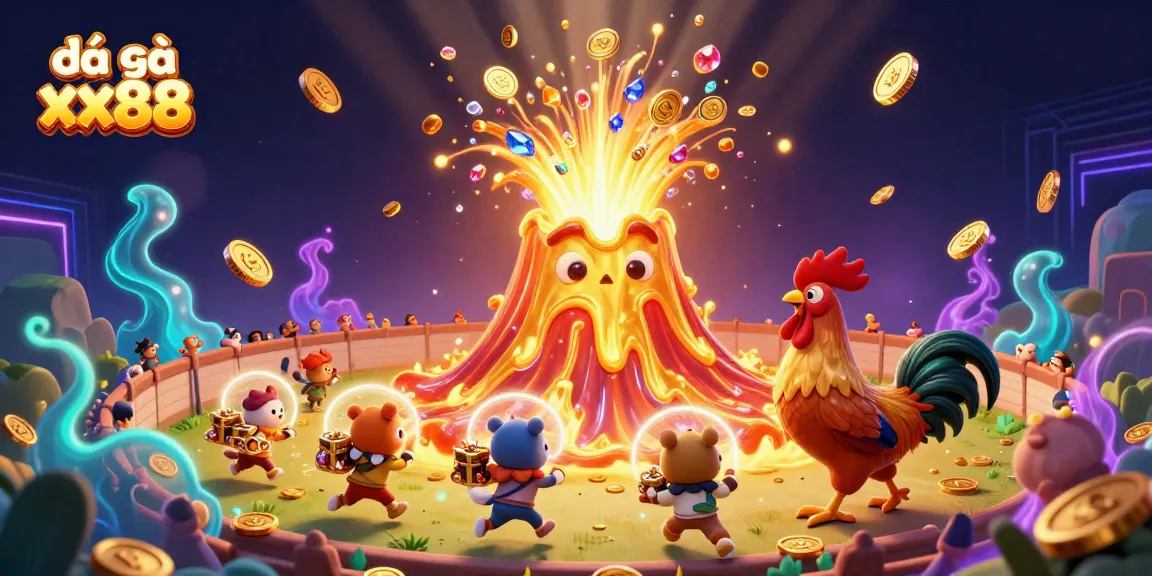 Experience the thrill of đá gà xx88 as vibrant roosters clash in a dynamic cockfighting arena, surrounded by gold coins and treasures.