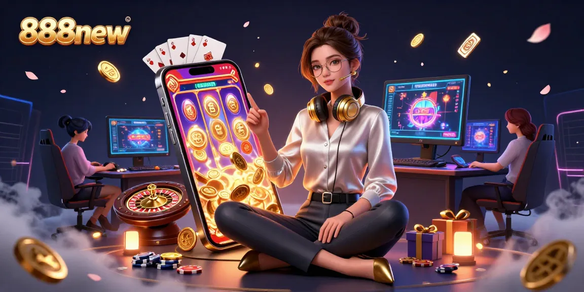 Experience thrilling 888new casino action with dynamic slot games, coins, and cards in a vibrant 3D illustration.