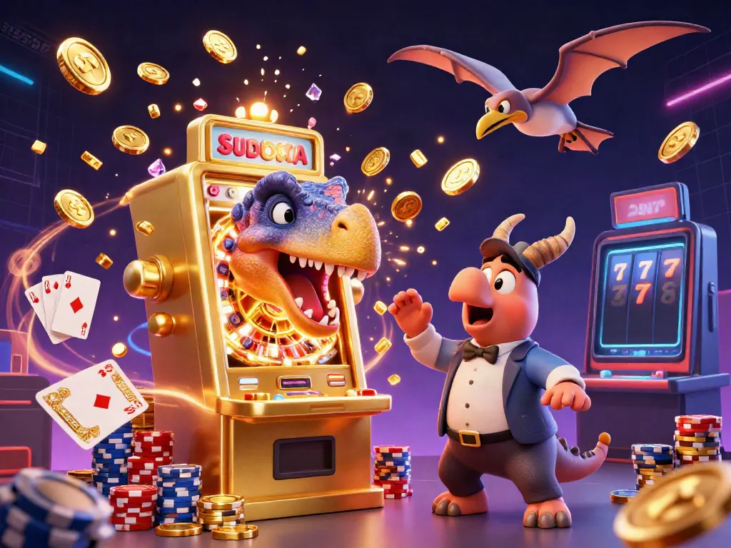 Experience safew's fun with a pachycephalosaurus winning jackpot coins at a golden slot machine.