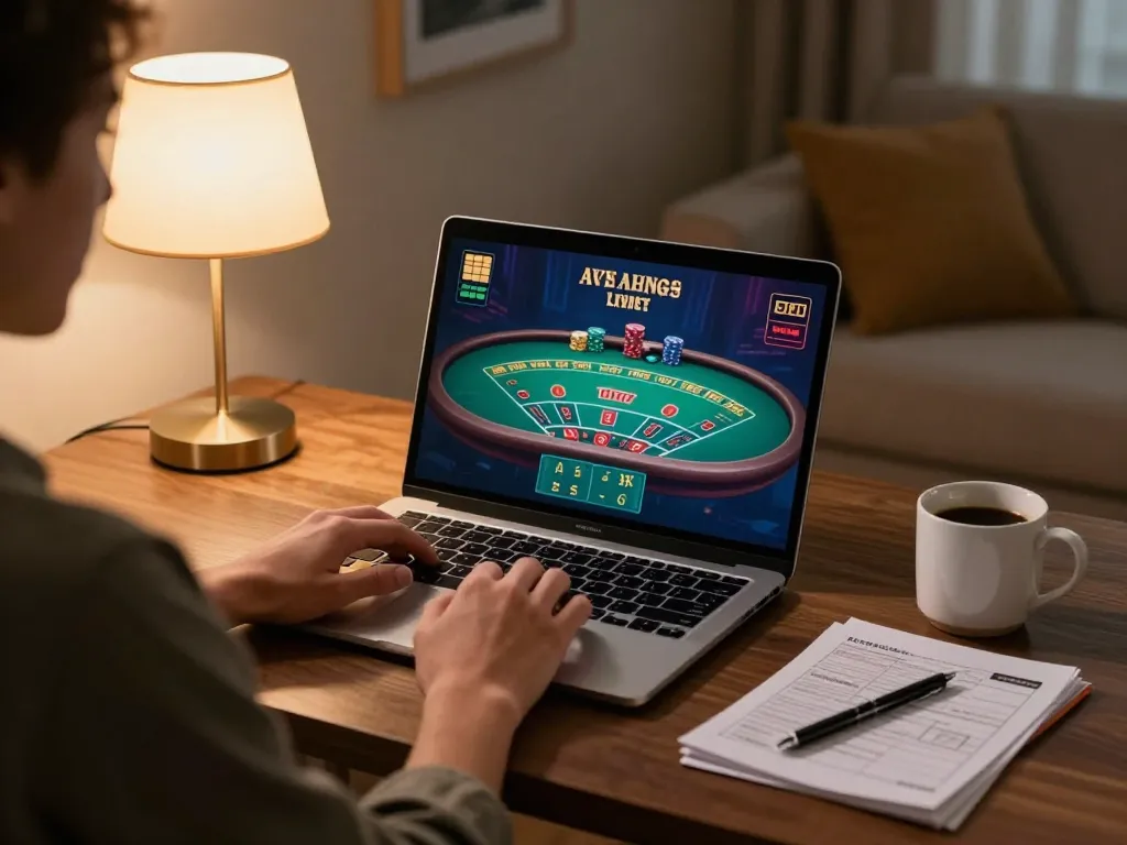 Experience online gaming with mybenefitstatements on a laptop in a stylish home setting, focused on strategic play.