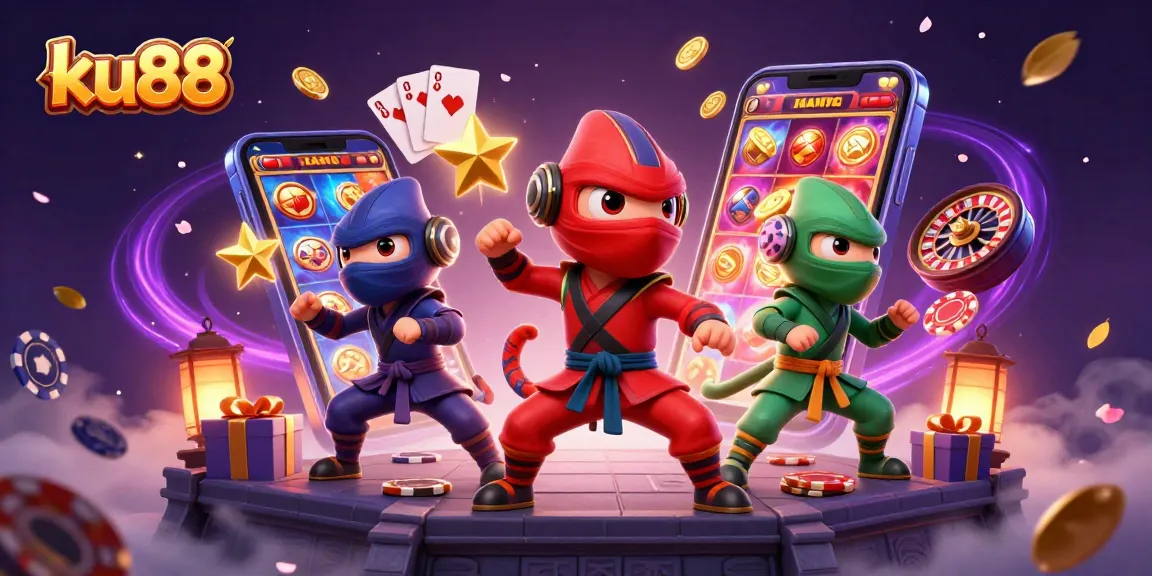Engage with ku88's thrilling slot games as cartoon ninjas perform acrobatic martial arts on a rooftop.
