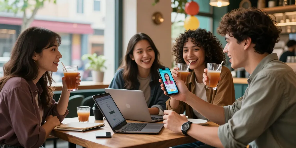 Group enjoying AI gf chat in urban café, showcasing digital companionship.