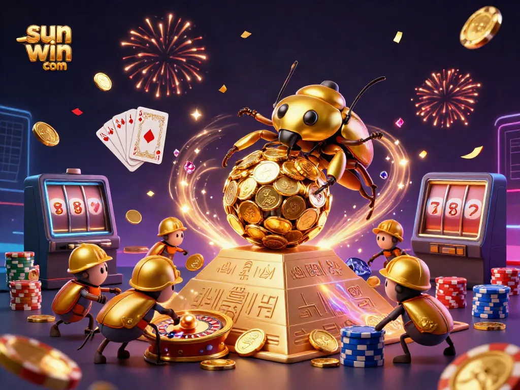 Experience thrilling wins at sun win com with a golden beetle ensemble rolling jackpot coins in an exciting casino scene.