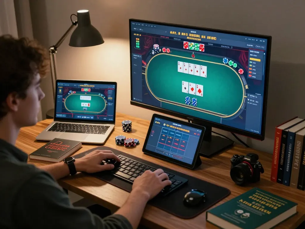 Engaging in online gambling strategies with milkandhoneyclay products visible in an organized home setup.