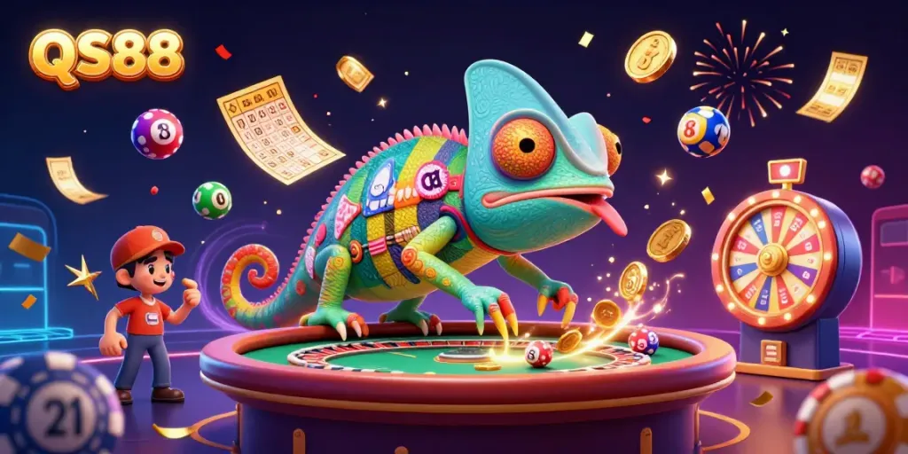 Experience vibrant gaming excitement at QS88 with a whimsical chameleon casino owner and colorful game elements.