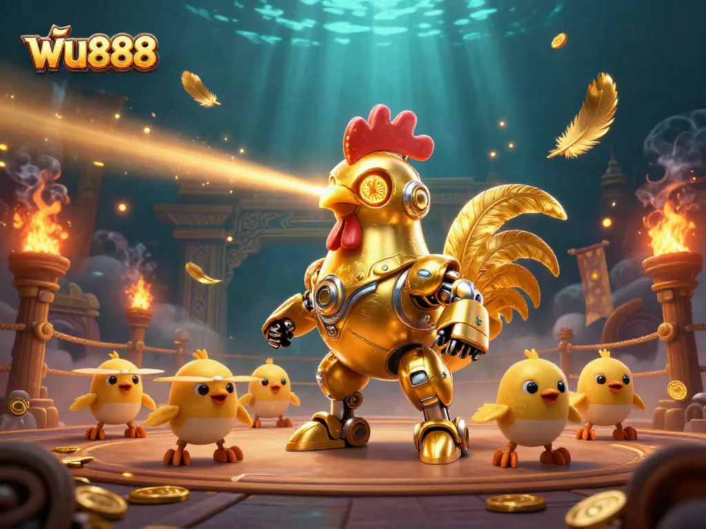 Experience thrilling gameplay at ฟัน888 with a captivating scene featuring a golden rooster robot and baby chick drones.