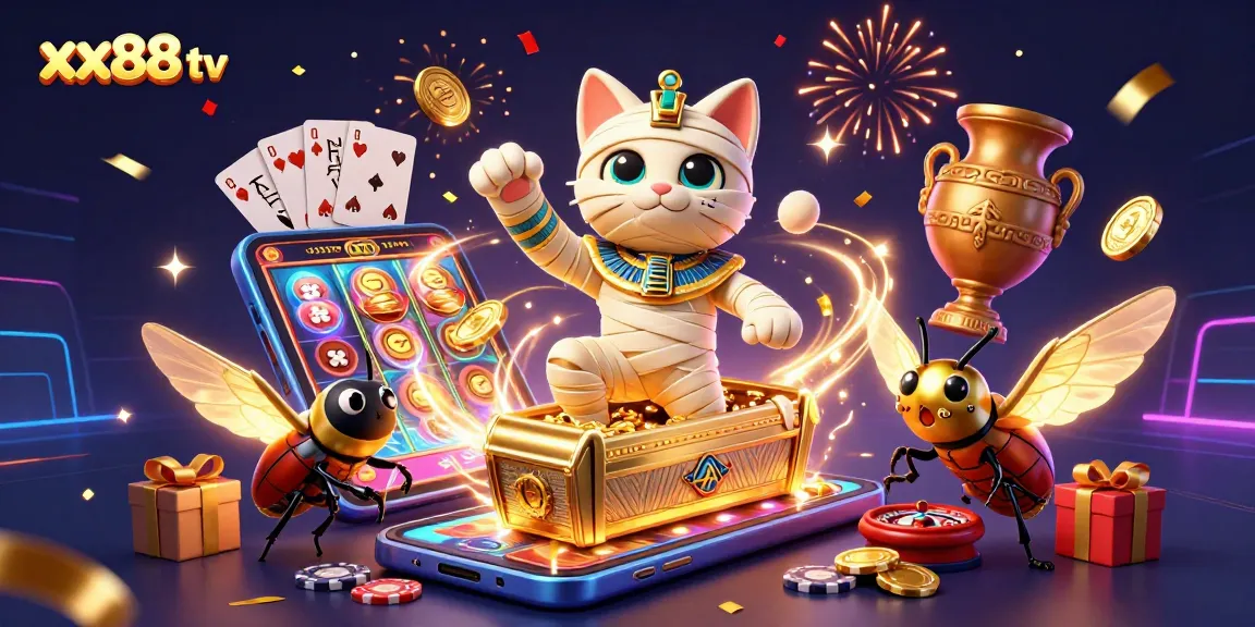Experience thrilling gameplay with xx88 tv featuring an Egyptian mummy cat and scarab beetle in a crowded casino scene.