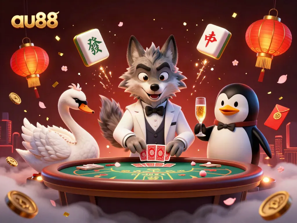 Join the excitement of au88 with a debonair wolf and elegant characters at the baccarat table.