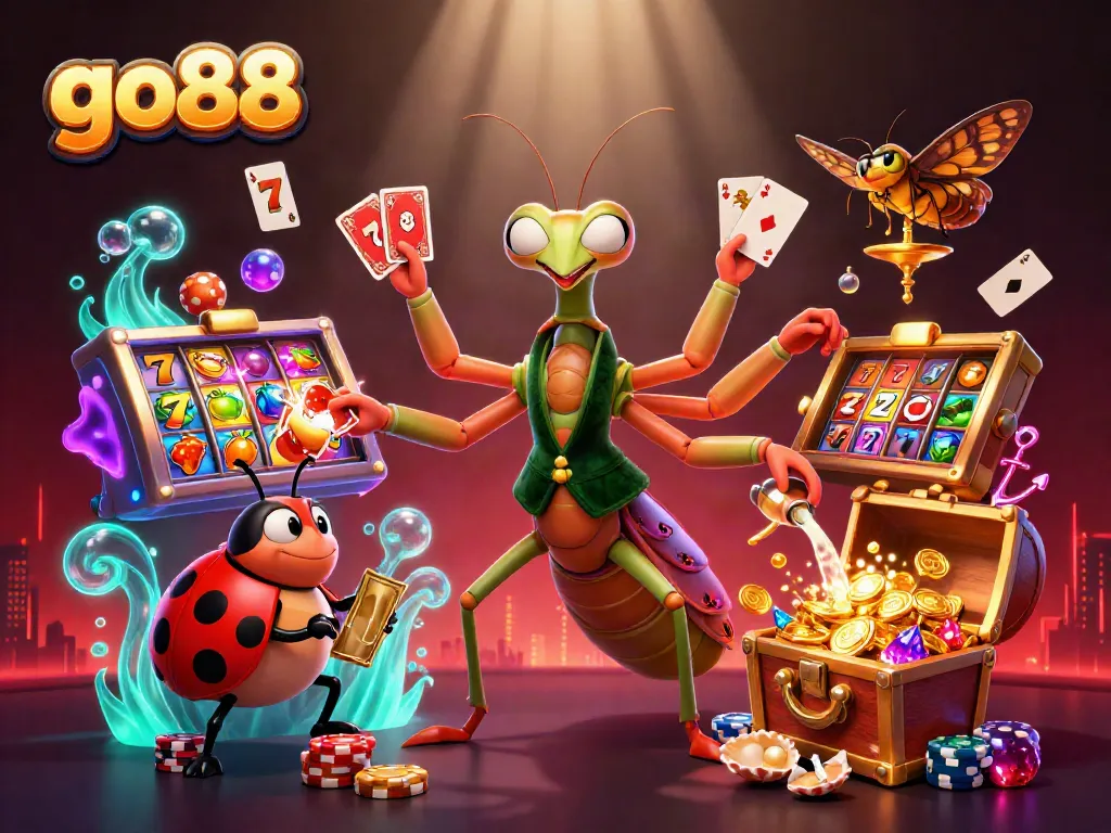 Experience the thrills of go88 with our vibrant scene featuring a mantis card sharp managing the casino atmosphere.