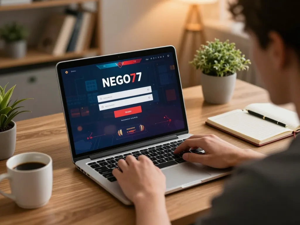 Nego77 login screen displayed on a laptop during an engaging online gaming session at home.