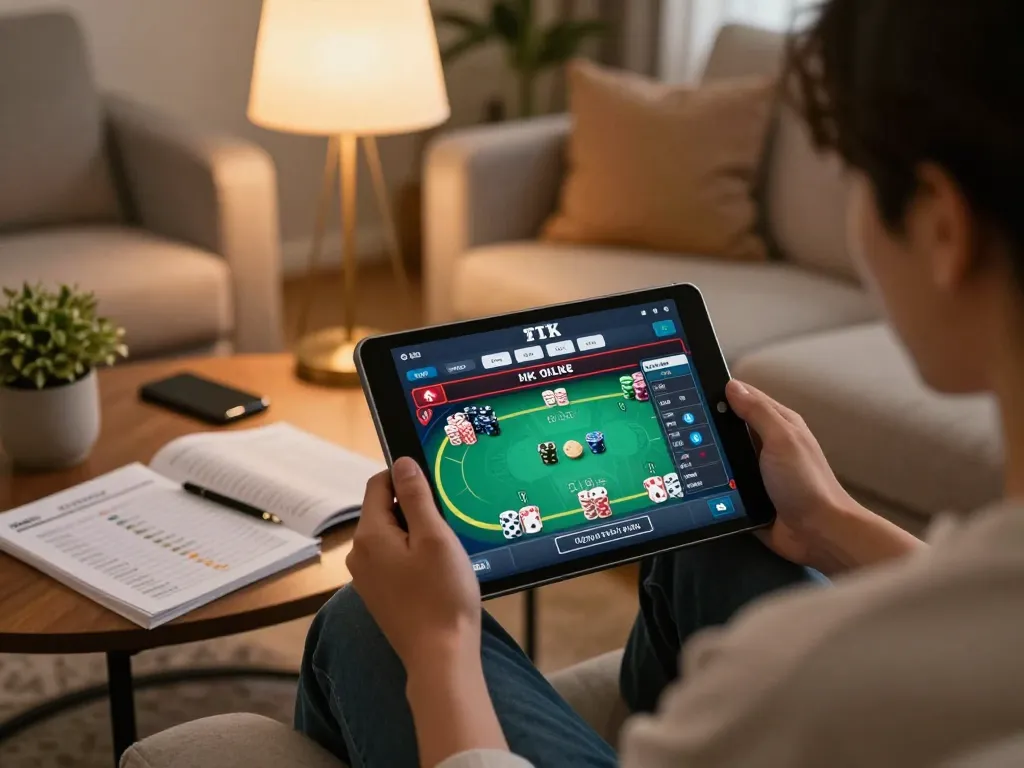 Engaging online gaming moment as a player bets on toto hk from a cozy home setup with strategic notes.