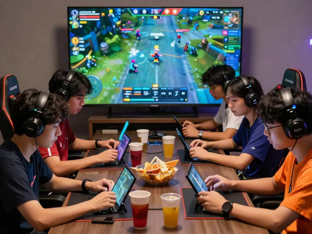 Friends discussing rokok88 link strategies in a vibrant gaming setup.