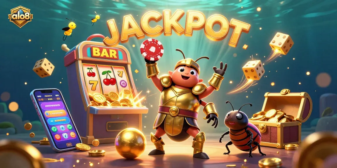 Join the epic jackpot celebration at alo8 with 3D beetles, glowing coins, and vibrant casino elements.