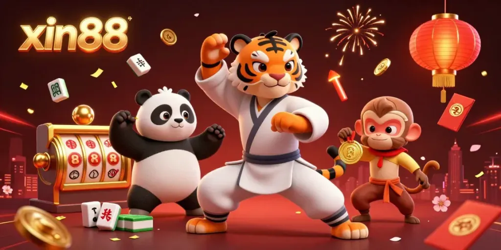 Engage with the exhilarating world of xin88, featuring a kung fu tiger, a panda disciple, and a crafty monkey in a visually stunning 3D rendering.