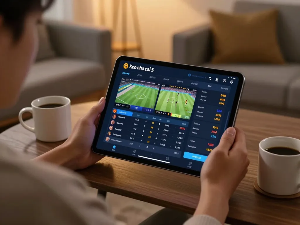 Engaging in online sports betting with Keo nha cai 5 tablet interface in cozy home setting.