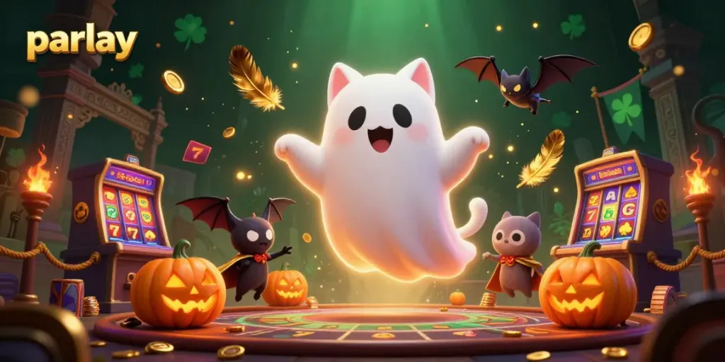 Experience the excitement of parlay betting with a friendly ghost cat and bat companion in a haunted casino.
