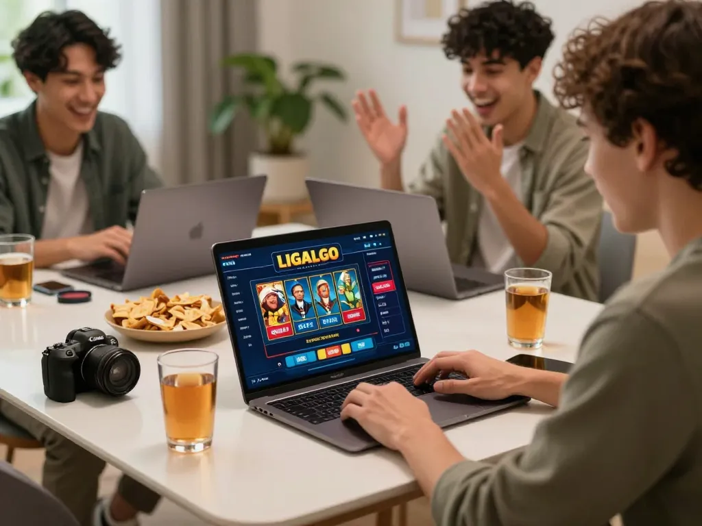 LIGALGO SLOT gameplay at home with players engaged in exciting online casino games and strategies.