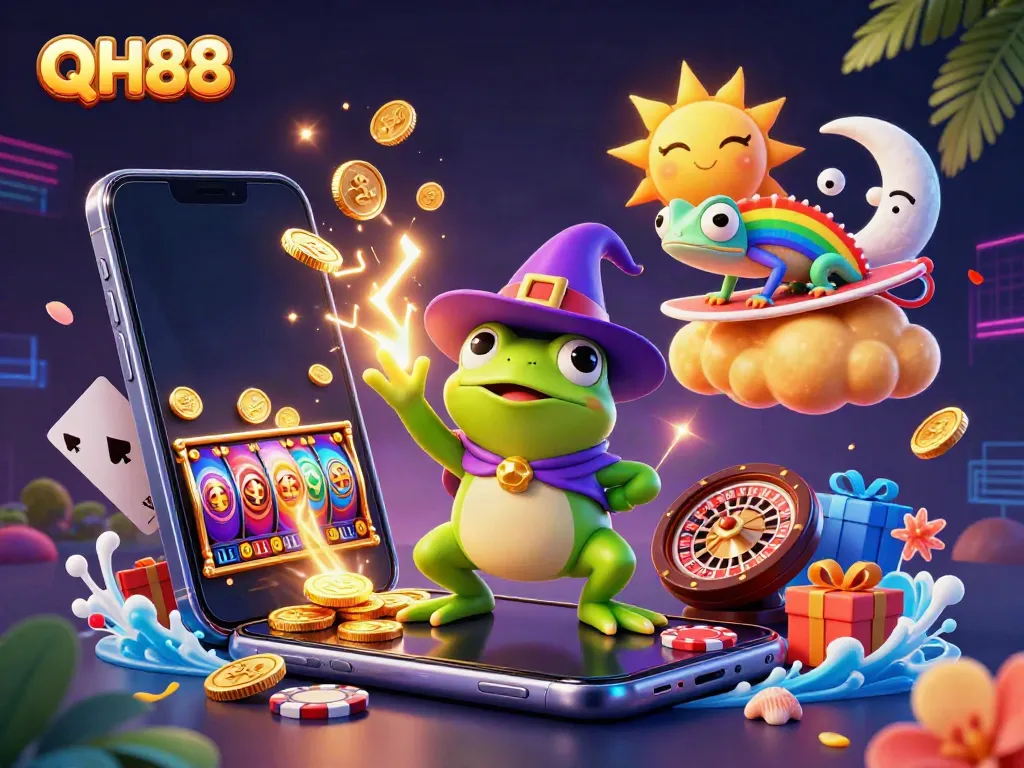 Experience the excitement of QH88 with a vibrant, dynamic casino scene featuring a weather wizard frog and more.