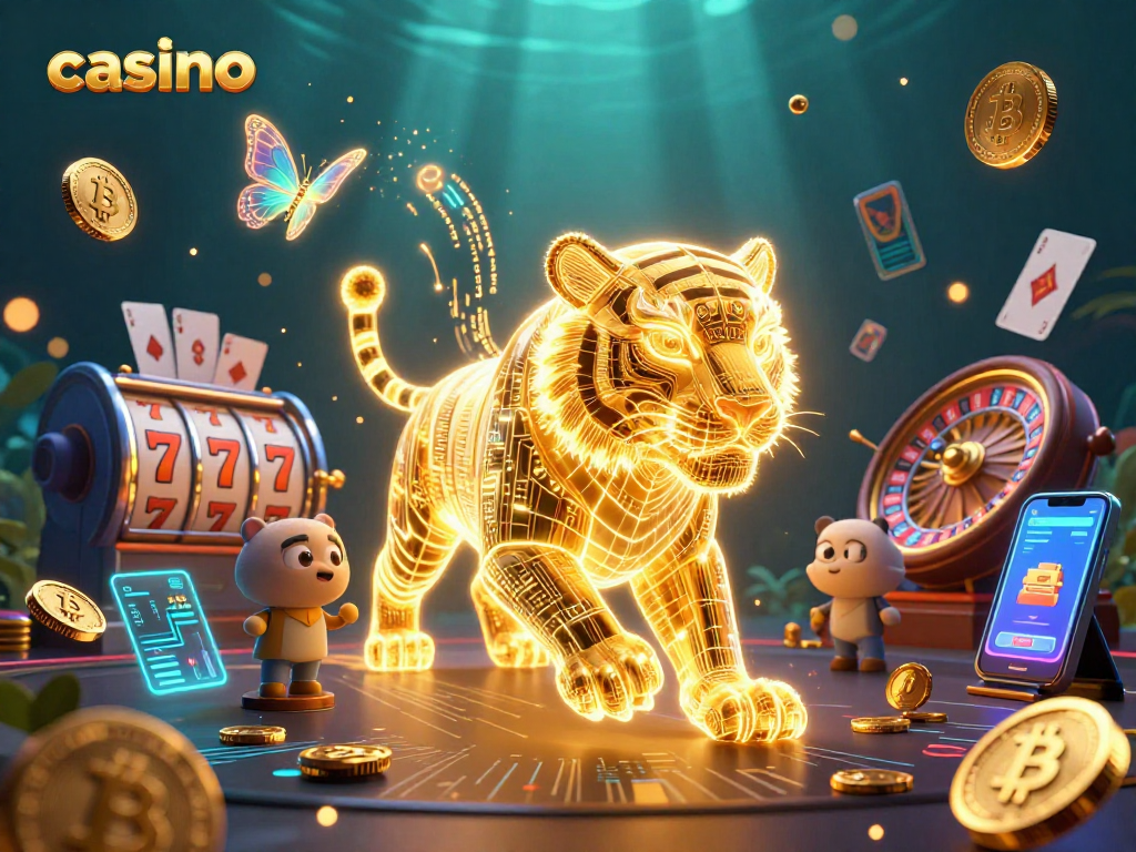Experience the thrill of casino gaming with a golden tiger and neon elements in this vibrant digital scene.