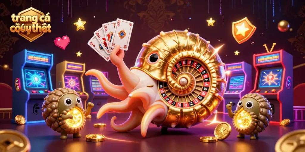 Khám phá trang cá cược uy tín với nautilus cổ đại mang bánh xe roulette và các yếu tố trò chơi 3D.