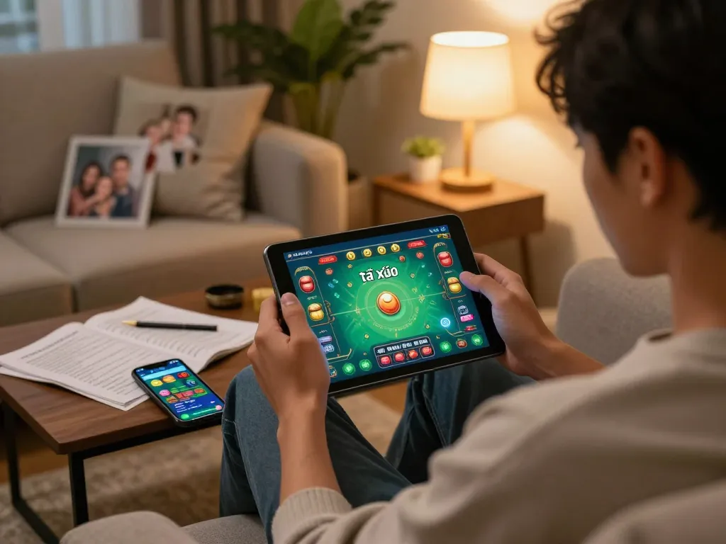Tài xỉu online gameplay on a tablet in a cozy home setting, showcasing strategy and entertainment.