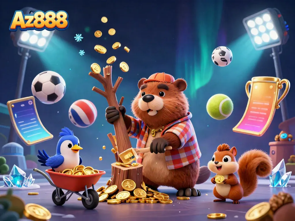 Experience gaming excitement with Az888 through vibrant beaver and bird characters collecting golden coins in a colorful casino scene.