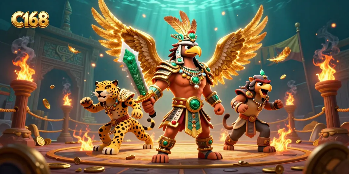 C168 engages players with an Aztec warrior and rich casino elements in a vibrant gambling scene.
