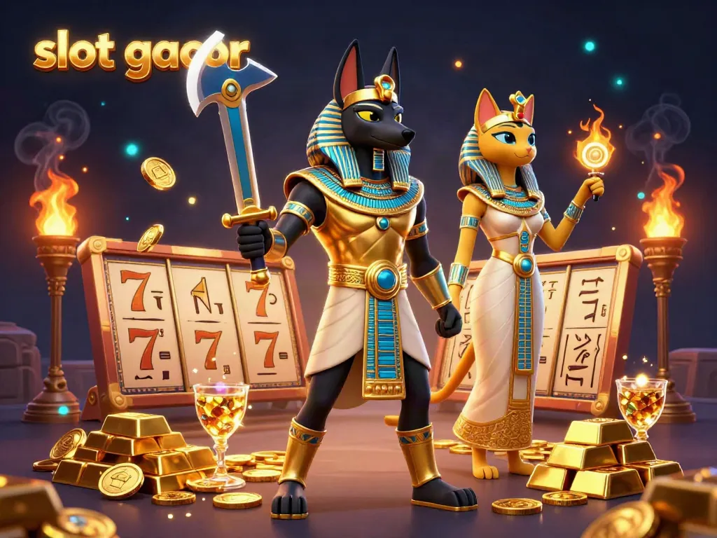 Engage with slot gacor through an ultra-detailed 3D illustration featuring Anubis and Bastet amid gold and gems.