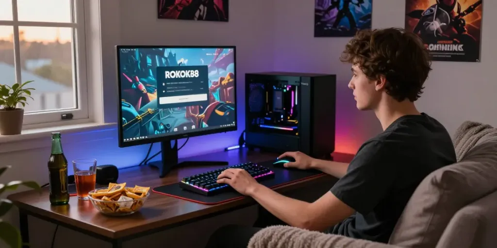 Engaging scene of a gamer focused on ROKOK88 login on a high-resolution monitor.