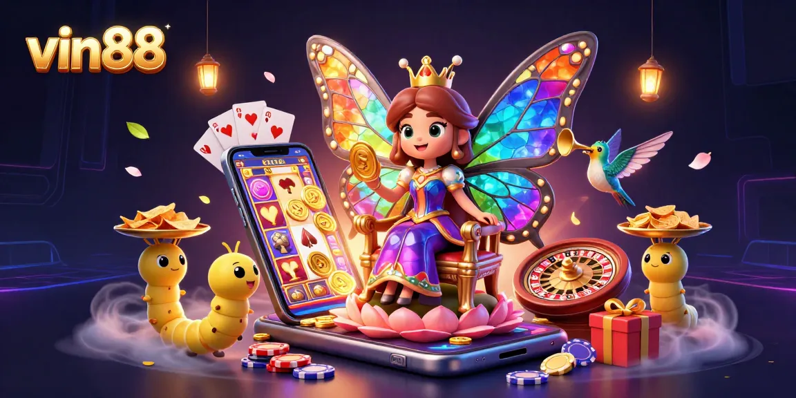 Experience vin88's vibrant online gaming world with a colorful butterfly queen, coins, and casino elements.
