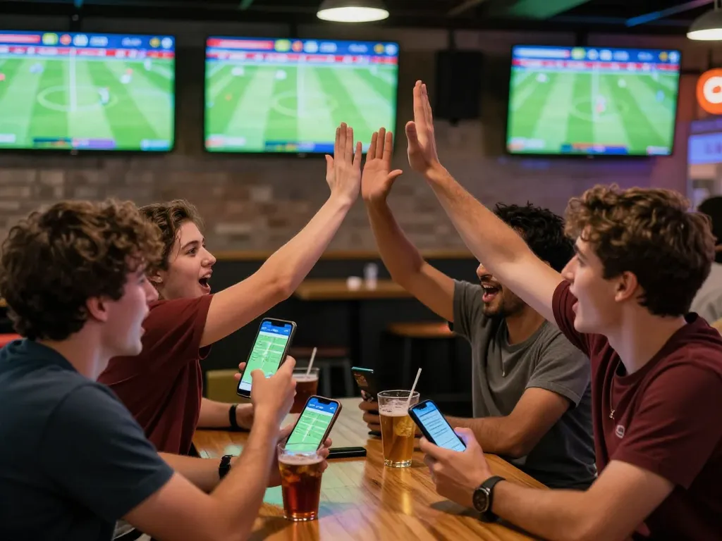 Engaged sports fans analyzing tỷ lệ kèo nhà cái while cheering for their teams at a lively sports bar.