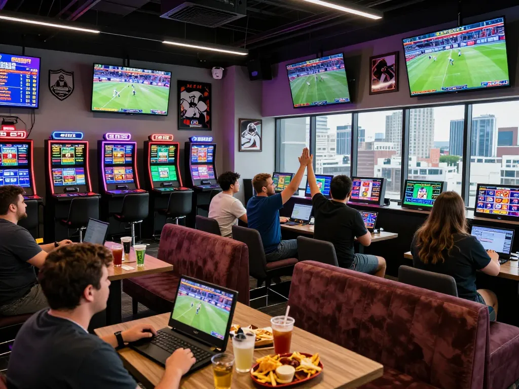Enthusiastic bettors enjoying 99exch sports betting in a lively lounge.