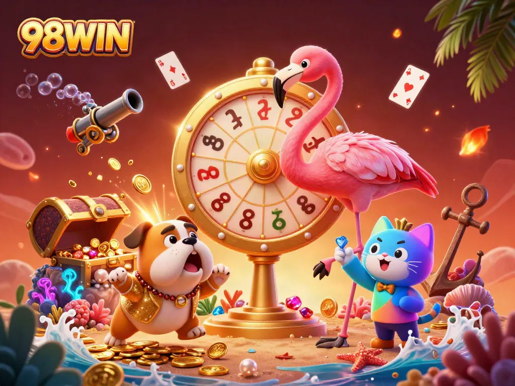 Experience engaging gameplay at 98WIN with vibrant characters amidst treasure and exciting casino elements.