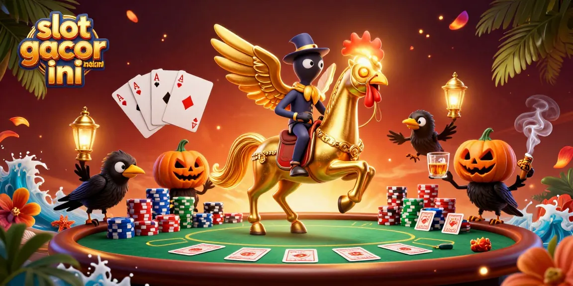 Experience the excitement of slot gacor malam ini with a vibrant casino scene featuring a golden rooster and pumpkin-headed crows.