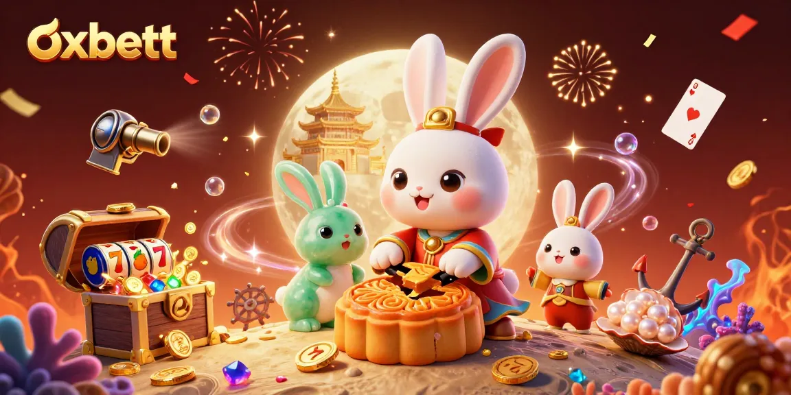 Experience the thrill with oxbett as a moon rabbit celebrates wins with poker chips and slot reels.