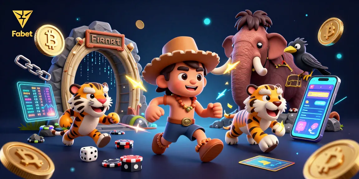 Fabet showcases exciting gaming with a caveman and tiger duo in a vibrant casino scene.