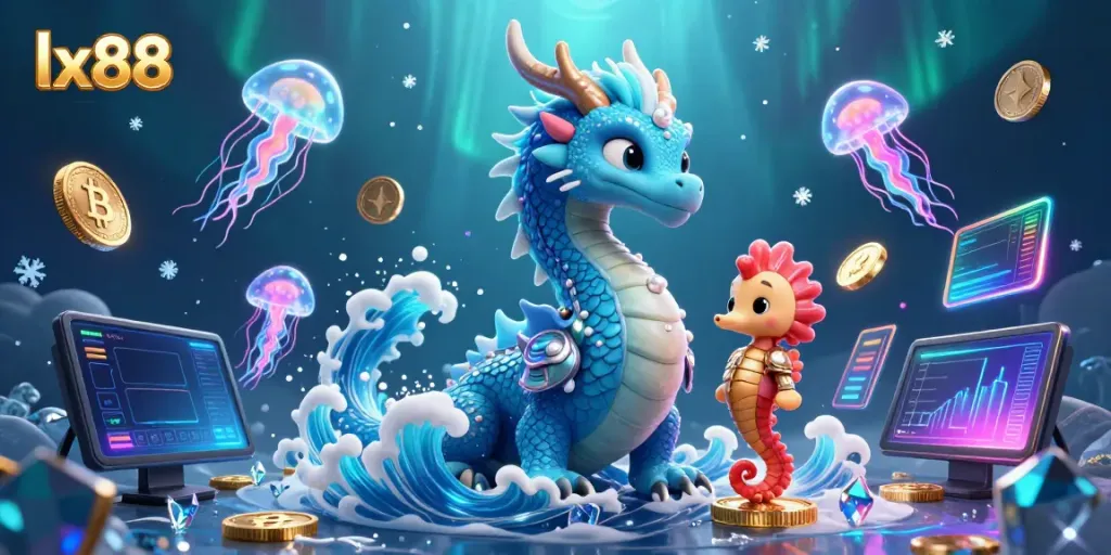 Experience thrilling wins at lx88 with an azure water dragon and seahorse knight in a vibrant underwater casino