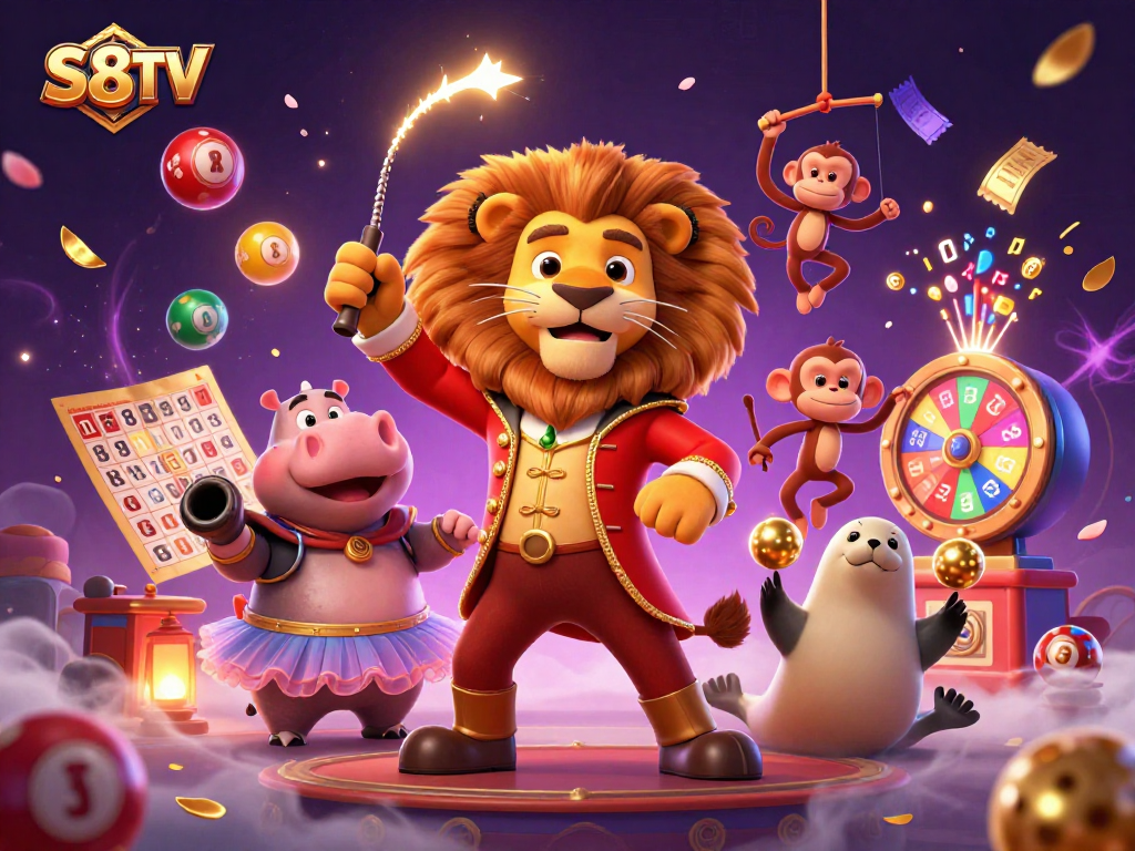 S8TV showcases a vibrant scene of animated casino characters engaging in dynamic gambling activities.