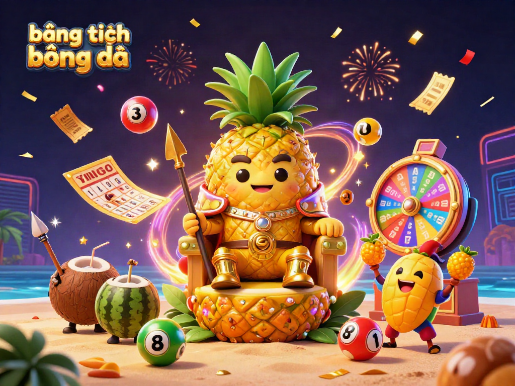 The illustration shows a vibrant casino scene with a cartoon pineapple king and the keyword bảng xếp hạng bóng đá depicting excitement and dynamic energy.