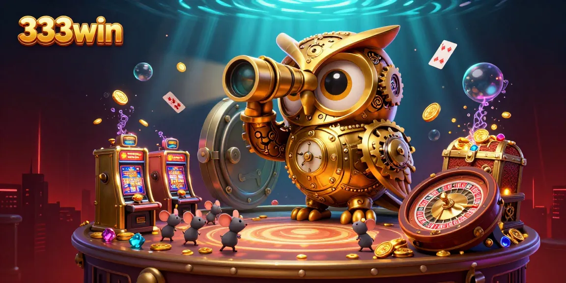 Experience thrilling 333win gameplay with a lively casino scene featuring a golden owl and slot machines.