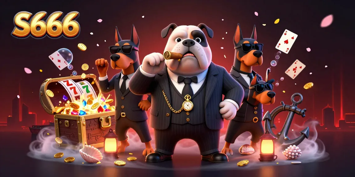 S666 showcases thrilling slot games with a dynamic illustration of a mafia bulldog surrounded by treasures and playing cards.